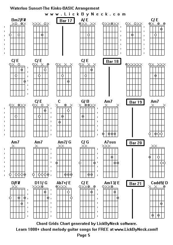 Chord Grids Chart of chord melody fingerstyle guitar song-Waterloo Sunset-The Kinks-BASIC Arrangement,generated by LickByNeck software.